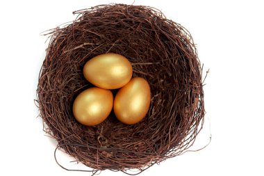 Yuvadaki altın Paskalya yumurtaları beyaz arka planda izole edilmiş. Paskalya Günü için selamlar ve hediyeler. Mutlu bahar tatilleri.. 