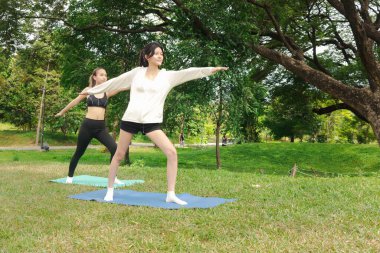 Spor kıyafetli iki Asyalı kadın parkta yoga minderinde vücut esnetiyorlar. Spor kankası olan kadınlar yeşil bahçede spor yapar. Sportif kız yoga yapıyor. Sağlıklı egzersiz. Doğada eşi var..