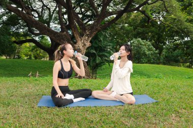 Spor kıyafetli iki Asyalı kadın yoga minderinde oturup su içerken doğa yeşil parkında birlikte egzersiz yapmaya ara veriyorlar. Sportif kız yoga yapıyor. Sağlıklı egzersiz. Partnerinle egzersiz yap..