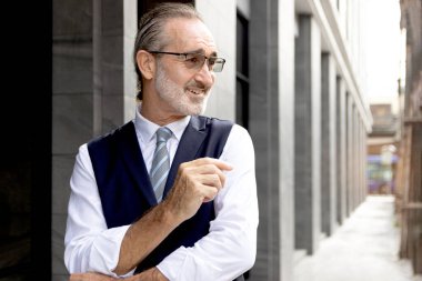 Binanın dışında duran takım elbiseli mutlu kıdemli işadamının yan görüntüsü. Şehrin girişinde dikilen gülümseyen olgun yaşlı bir adam. Yaşlıların portresi