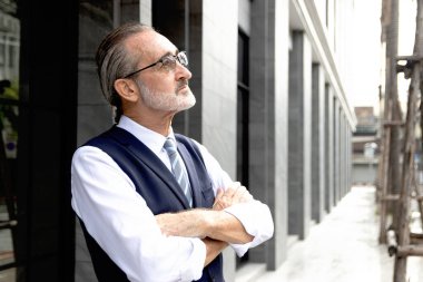 Binanın dışında duran takım elbiseli mutlu kıdemli işadamının yan görüntüsü. Şehrin girişinde kollarını kavuşturmuş gülümseyen olgun yaşlı bir adam. Yaşlıların portresi