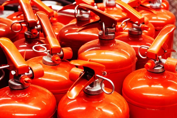 Lot Fire Extinguishers Store Portable Extinguishing Media Close — Stock Photo, Image