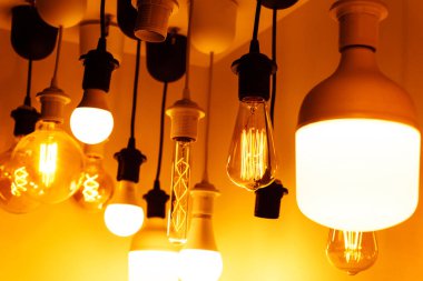 Farklı tipte LED lambalar. Işıklandırma ekipmanı ticareti. Dükkan elektrikli aletler..