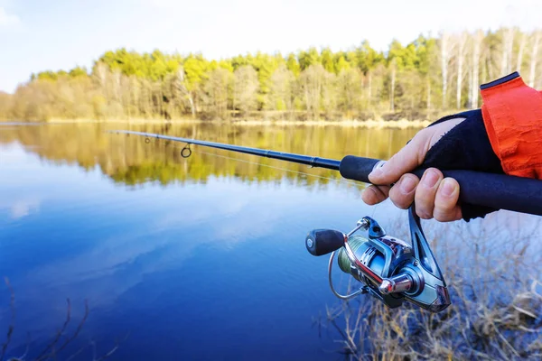 Pesca Estiva Predatore Mano Con Una Verga Uno Sfondo Natura — Foto Stock