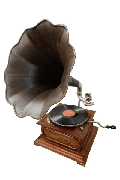 Oude Grammofoon Geïsoleerd Witte Achtergrond — Stockfoto