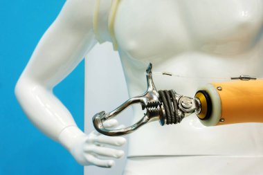 Plastik bir mankenin üzerinde protez bir kol. Yüksek kalitede modern bir ürünün tanıtımı. Engelliler için dokunaçlar