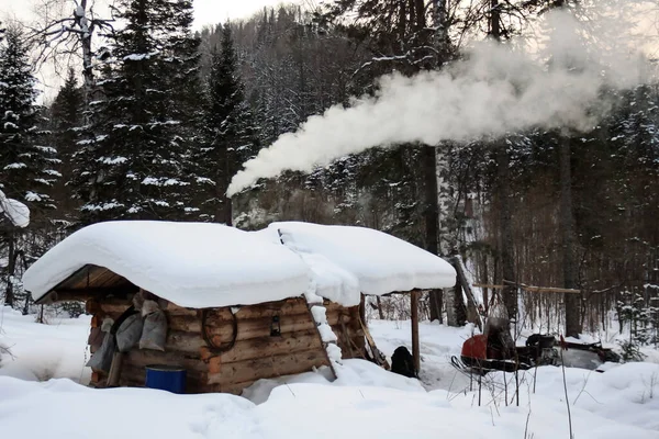 Lager Eines Gewerblichen Jägers Der Sibirischen Taiga Winterabend Blockhütte Und — Stockfoto