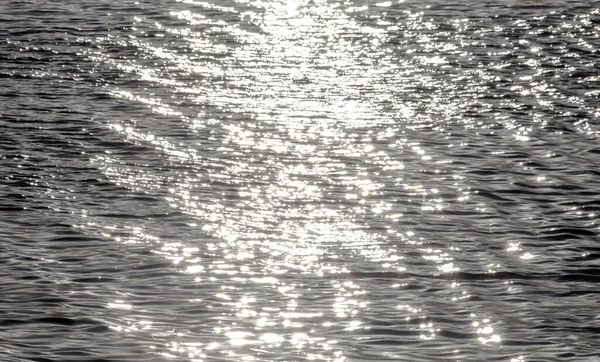 Su yüzeyinin arka planında dalgalar, dalgalar ve güneş ışığı var. Güneşin dokusu, gölün çevresindeki ışığın tatlı sularında iz bırakır..