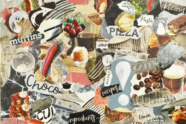 Collage mood board with a food concept in red, wood and grey colors made of little pieces of paper out of printed matter and magazines. Modern art craft work.