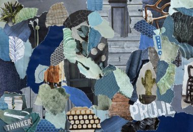 Retro iç mavi ve yeşil kolaj duygudurum kurulu kalçası kağıt geri dönüşüm yapılmış modern sanat arka planda sonuçları