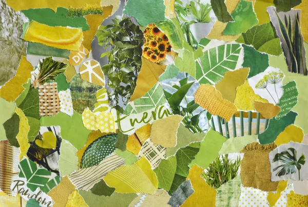 Collage mood board in organic green yellow colors with plants and flowers in retro style made of teared recycling old paper results in modern art