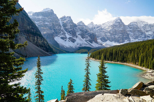 Moraine Lake is a beautiful place and very famous for tourists around the world where is a natural beauty with a lake and mountain landscape.