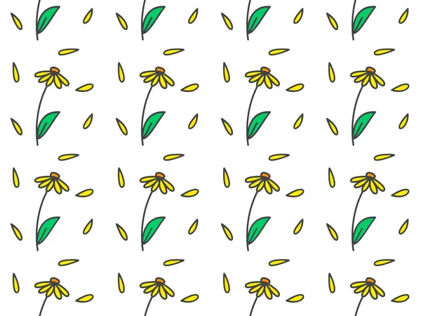 Бесшовный Рисунок Тропических Цветковых Желтых Цветов Листьев Линия Искусства Набросок — стоковый вектор
