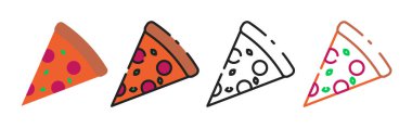 Çeşitli tarzlarda pizza ikonu çizimi. düz tasarım, özet, çizgi sanatı, renkli