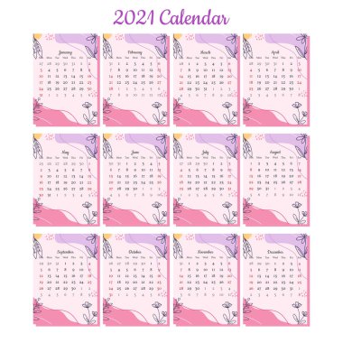 2021 Çiçekli Basit Takvim Şablonu. Premium takvim vektörü kümesi. Pastel renkte elle çizilmiş botanik süsler.