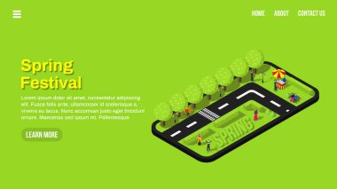 bahar festivali iniş sayfasında izometrik bahar manzarası çizimi var. Web arayüzü ui ux daveti