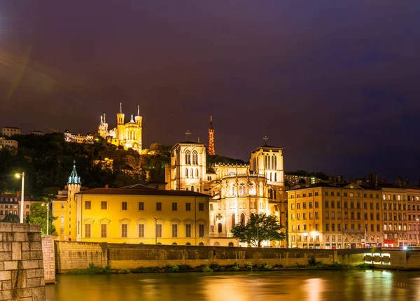 Lyon Saint Jean Baptiste Cathedral Fourviere Basilica Background Night Rhone — Stock Photo, Image