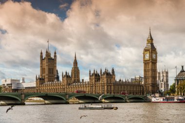 Parliament and Big Ben from the embankments of the River Thames as well as Westminster Bridge in London in England in the United Kingdom clipart