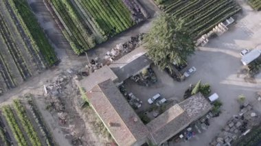 Çocuk odasındaki eski bir binanın havadan görünüşü, bir yaz sabahı, Fransa 'nın Occitania kentindeki Herault' da.