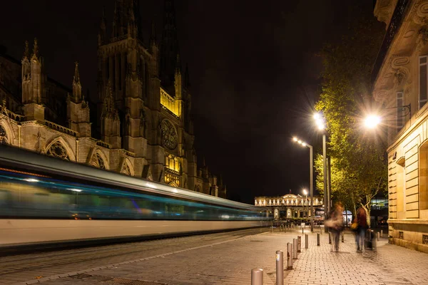 Tram Passing Bordeaux Cathedral Night Gironde New Aquitaine France — Stock Photo, Image