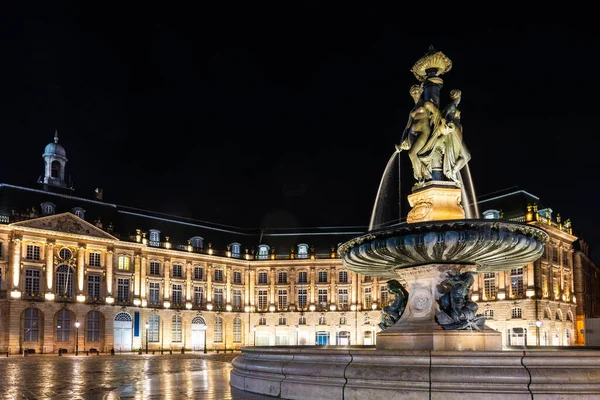 Fuente Tres Gracias Lugar Bourse Burdeos Por Noche Gironda Nueva —  Fotos de Stock