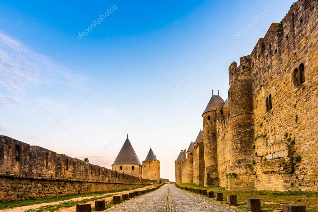 Ramparts and dungeons of the Cite de Carcassonne in Aude in Occitanie, France