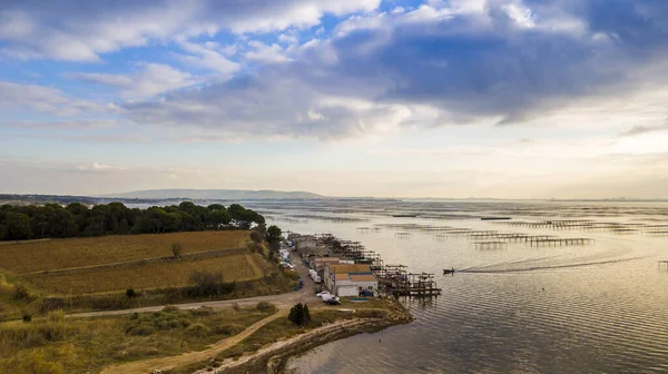 Vista Costa Etang Thau Bouzigues Seus Quiosques Ostras Hrault Occitanie — Fotografia de Stock