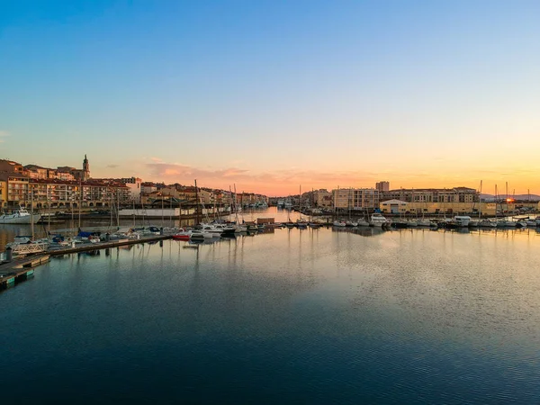 Panorama Van Jachthaven Van Sete Bij Zonsopgang Herault Occitanie Frankrijk — Stockfoto