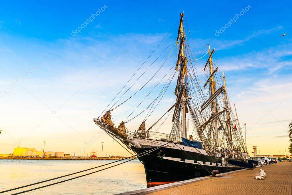 The Belem, old rigging at the quayside at the port of Sete, in Herault in Occitanie, France