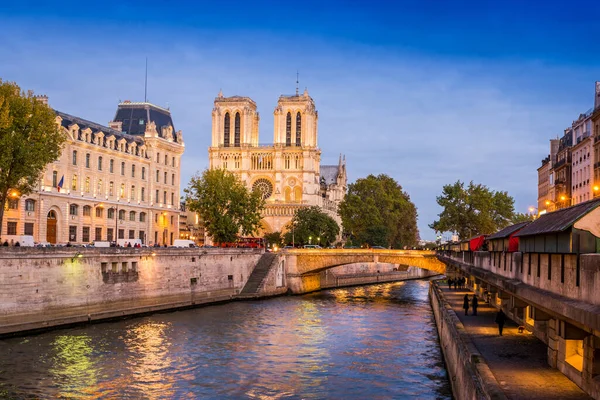 Sena Los Muelles Catedral Notre Dame Por Noche París Francia —  Fotos de Stock