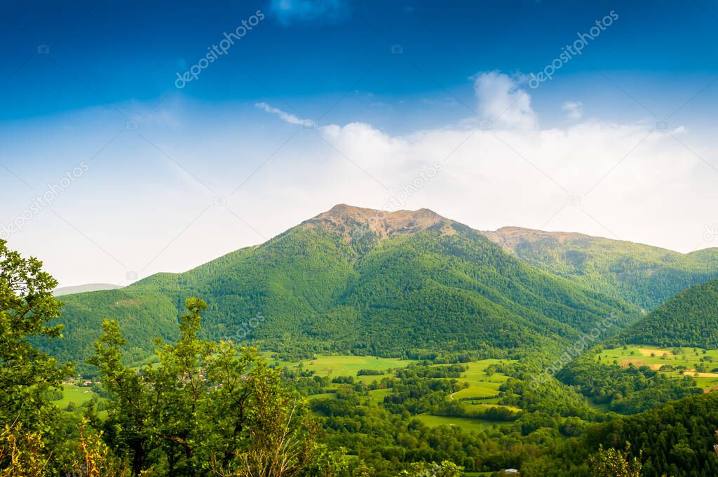 Pyrenean Piedmont near Sengouagnet and the Pic du Cagire, in Haute-Garonne, in the Occitanie region, France