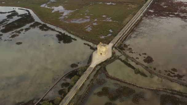 Camargue Göletlerinin Ortasındaki Carbonniere Kulesinin Gard Daki Aigues Mortes Occitania — Stok video