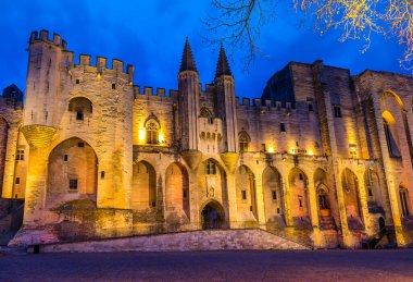 Avignon, Vaucluse, Provence, Fransa 'da gece aydınlanan ünlü Palais des Papes