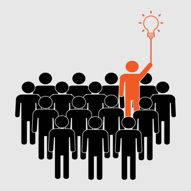  RGB kalabalıktan kendini belli ediyor. Ampul fikri olan bir adam. Vektör illüstrasyonu.