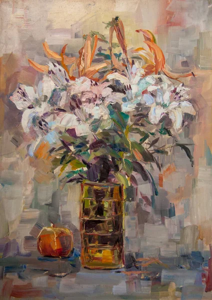 Oil painting still life with lilies Made in the style of impressionism.
