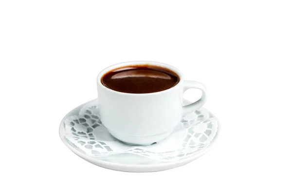 Small White Cup Dark Hot Chocolate White Saucer Napkin Isolated — Stock Photo, Image