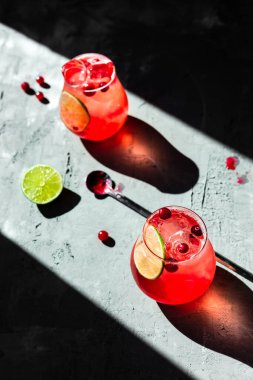 Güzel gözlüklü yabanmersini toniği, gri arka plan, doğrudan doğal ışık.