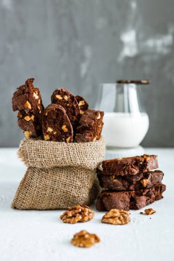 Ev yapımı çikolatalı bisküvi, cevizli kurabiye ve bir bardak süt. 