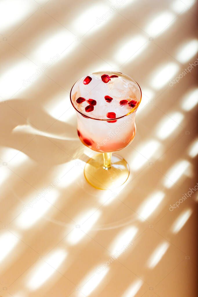 A beautiful glass of iced tonic water with pomegranate, back light, nice shadows and reflections on the surface