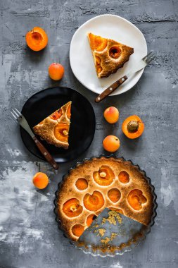 Kayısı turtası, beyaz ve siyah bir tabak içinde turta ve çatal ve kayısı parçaları var. Gri arkaplan, üst görünüm