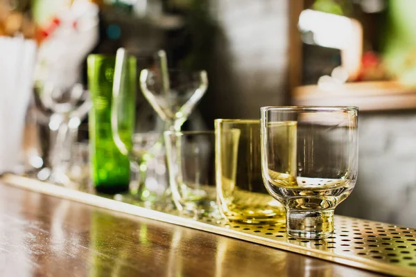 Different Kinds Glasses Bar Counter Rocks Old Fashioned Highball Nick — Stock Photo, Image