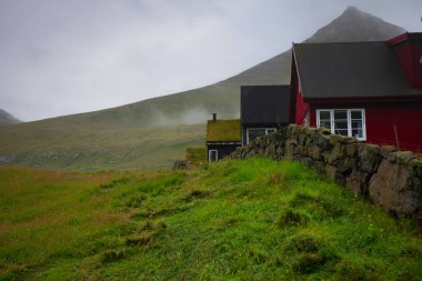Sisli bir günde çitlerin arkasında çimen olan Faroe Adaları 'nın tipik renkli evleri.
