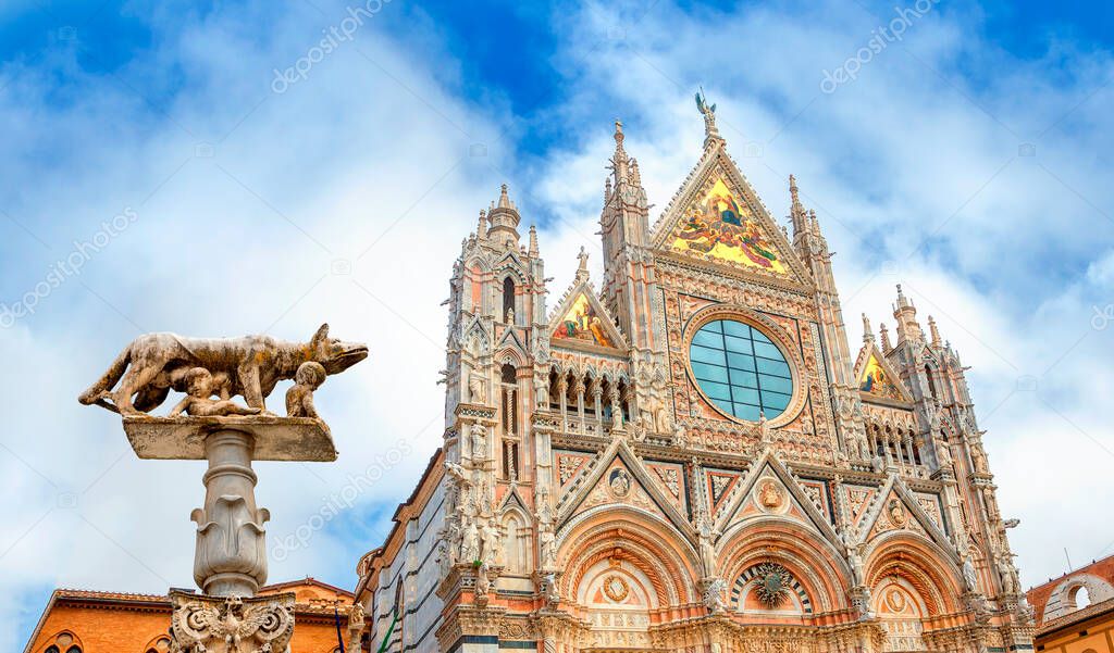 Siena Cathedral (Duomo di Siena) medieval church in Siena, Italy, now dedicated to the Assumption of Mary. Capitoline Wolf at Siena Duomo. Siena was founded by Senius and Aschius, two sons of Remus.