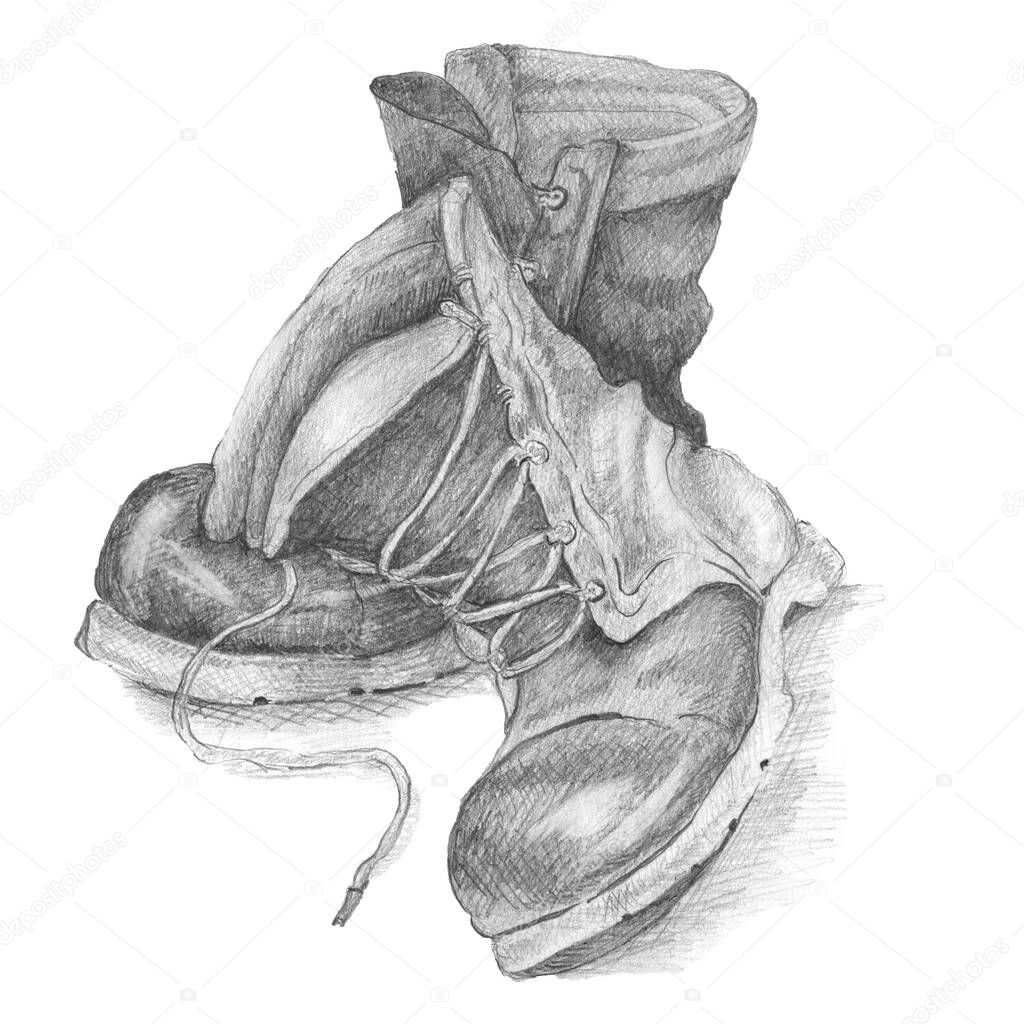 Pencil sketch of old leather boots with shoe laces on white background.