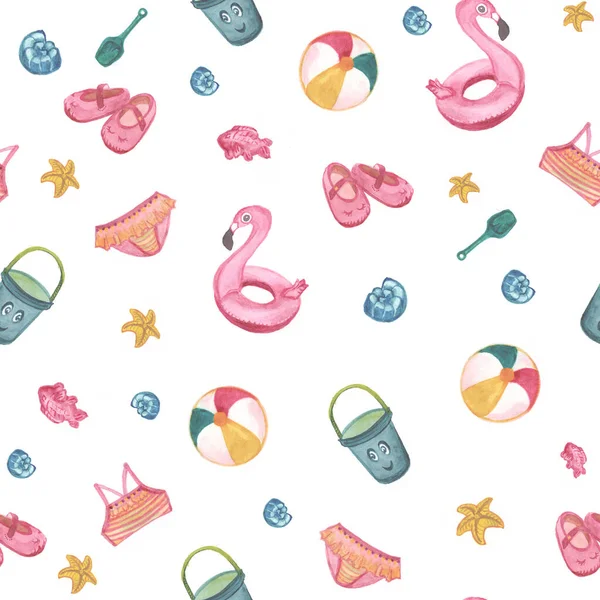 Watercolor Hand Painted Seamless Children Beach Pattern Stock Picture