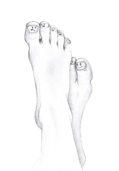 Pencil Sketch Feet Funny Nails White Background — Stock Photo, Image