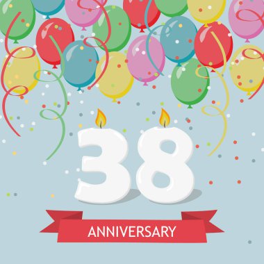 38 yıl yıldönümü tebrik kartı mumlar, konfeti ve balon.