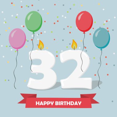 32 yıl yıldönümü tebrik kartı mumlar, konfeti ve balon.