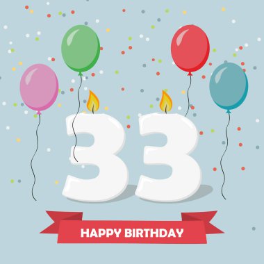 mumlar, konfeti ve balon ile 33 yıl yıldönümü tebrik kartı.