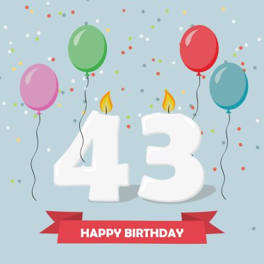 43 yaş selebration. Mutlu Doğum günü tebrik kartı ile mumlar, konfeti ve balon.